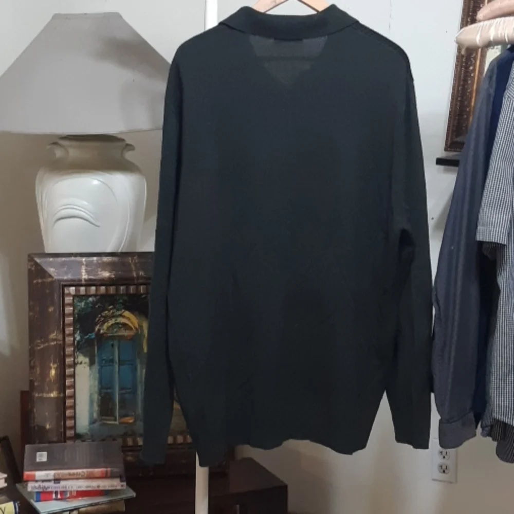 DOCKERS Mens Collared knit Sweater Sz L XL Green Black Print Long Sleeve b36